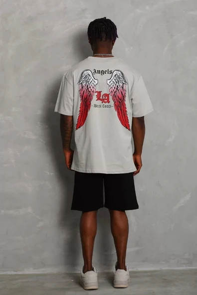 Unisex Oversize Baskılı Bisiklet Yaka T-Shirt - Gri - Resim 2