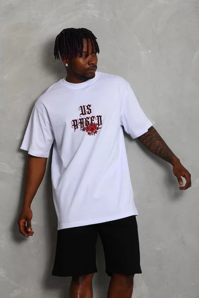 Unisex Oversize Baskılı Bisiklet Yaka T-Shirt - Beyaz - Resim 4