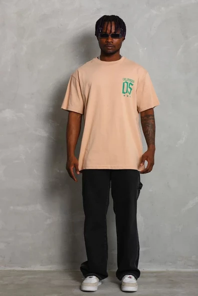 Unisex Oversize Baskılı Bisiklet Yaka T-Shirt - Bej - 1