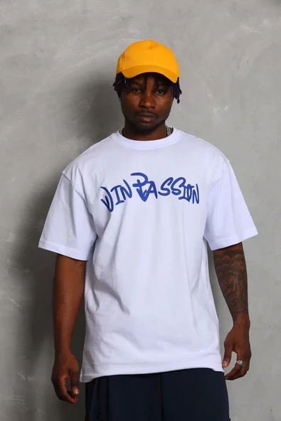 Unisex Oversize Baskılı Bisiklet Yaka T-Shirt - Beyaz - Resim 3