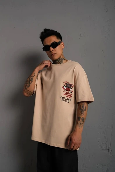 Erkek Sırt Baskılı A Kalite Oversize T-shirt - Bej - 1