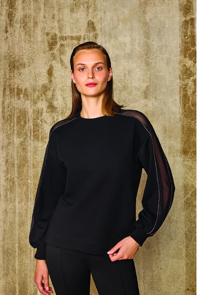 KOLLARI TRASPARAN KUMAŞ GARNİLİ SWEATSHİRT ürün görseli 1