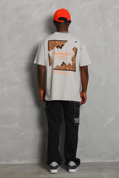 Unisex Oversize Baskılı Bisiklet Yaka T-Shirt - Gri - Resim 3