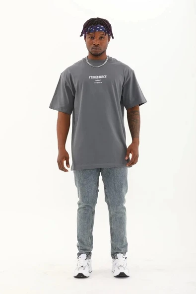 Unisex Oversize Baskılı Bisiklet Yaka T-Shirt - Füme - Resim 3