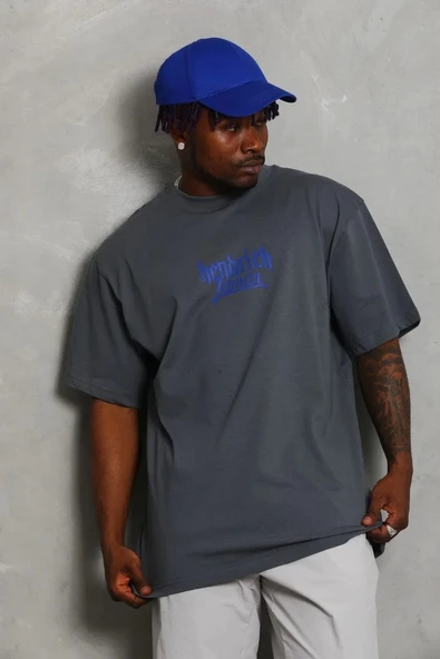 Unisex Oversize Baskılı Bisiklet Yaka T-Shirt - Füme ürün görseli