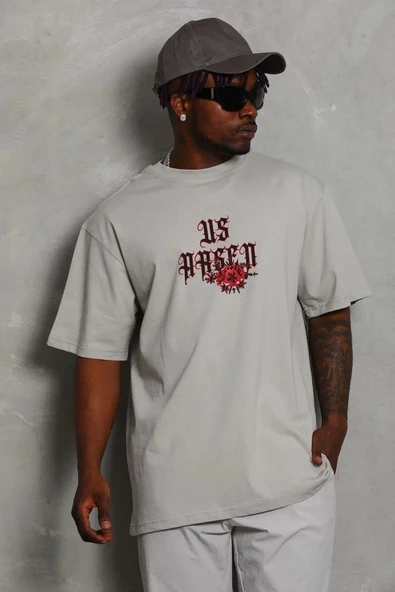 Unisex Oversize Baskılı Bisiklet Yaka T-Shirt - Gri - Resim 5