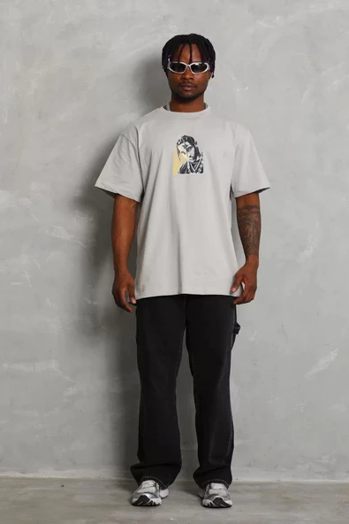 Unisex Oversize Baskılı Bisiklet Yaka T-Shirt - Gri - Resim 3