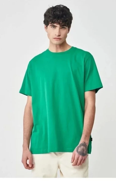 Erkek 24/1 Düz A Kalite Oversize T-shirt - Yeşil - Resim 3