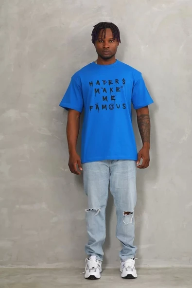 Unisex Oversize Baskılı Bisiklet Yaka T-Shirt - Mavi - Resim 4