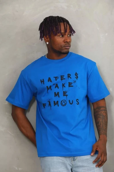 Unisex Oversize Baskılı Bisiklet Yaka T-Shirt - Mavi - Resim 3