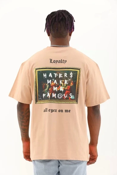 Unisex Oversize Baskılı Bisiklet Yaka T-Shirt - Bej - Resim 5