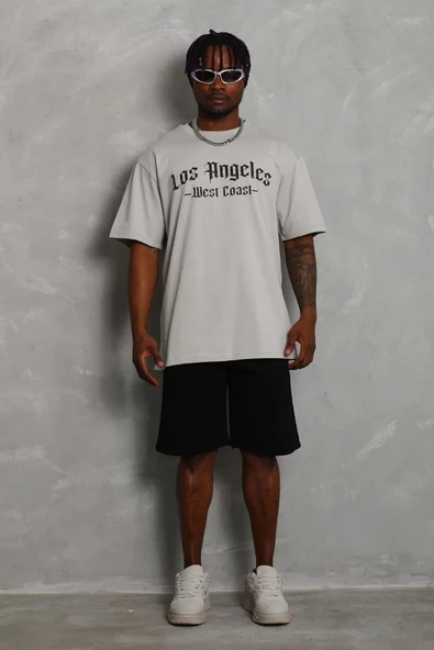 Unisex Oversize Baskılı Bisiklet Yaka T-Shirt - Gri - Resim 4