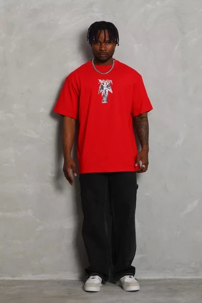 Unisex Oversize Baskılı Bisiklet Yaka T-Shirt - Kırmızı - Resim 3