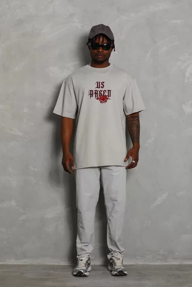 Unisex Oversize Baskılı Bisiklet Yaka T-Shirt - Gri - Resim 4