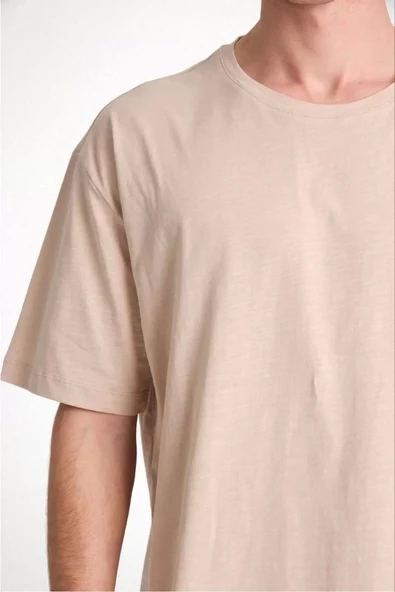 Erkek 24/1 Düz A Kalite Oversize T-shirt - Bej - Resim 3