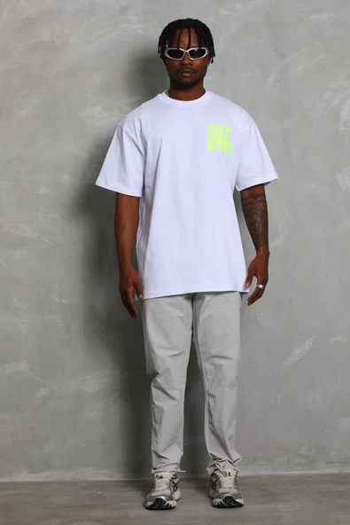 Unisex Oversize Baskılı Bisiklet Yaka T-Shirt - Beyaz - Resim 2