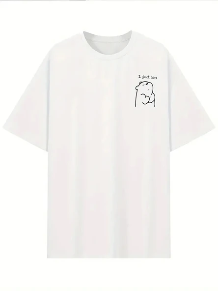 [Günlük T-Shirt] Hafif Kadın Günlük T-Shirt | Bol Kesim, Kısa Kollu, Yuvarlak Yaka, Eğlenceli Karikatür Ayı ve "Umrumda - 3