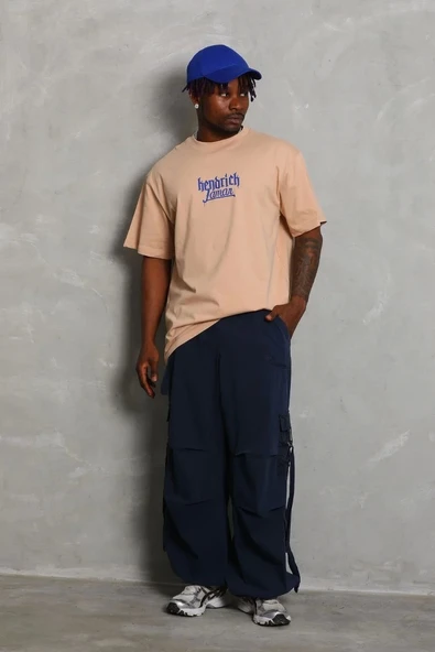 Unisex Oversize Baskılı Bisiklet Yaka T-Shirt - Bej - 2