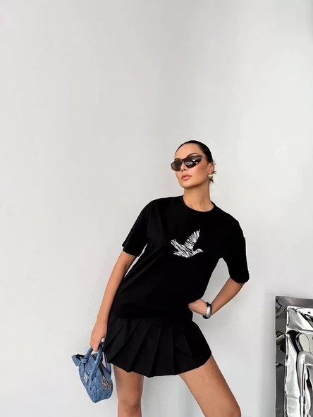 Kısa Kol Baskılı T-shirt - Siyah - Resim 5