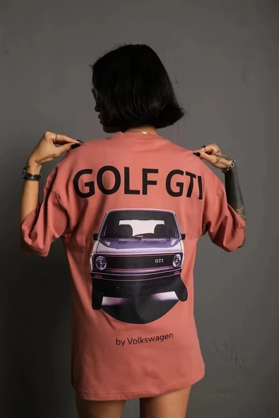 Kadın Sırt Golf Gtı Baskılı Oversize T-shirt - Gül Kurusu - Resim 4
