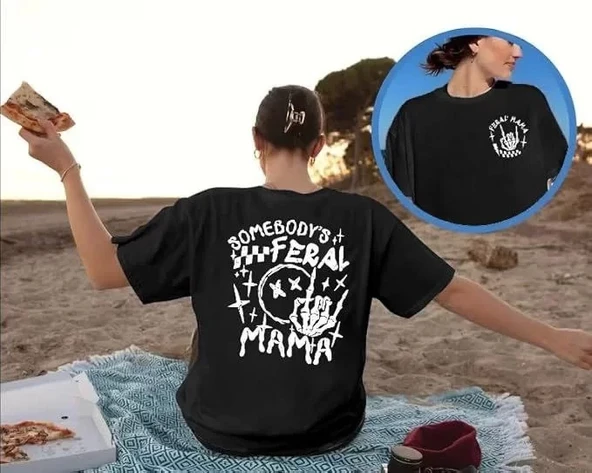 Kadın Bisiklet Yaka Baskılı T-shirt - Siyah ürün görseli