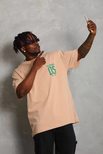 Unisex Oversize Baskılı Bisiklet Yaka T-Shirt - Bej - 4