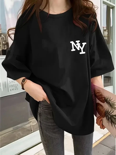 Kadın Eğlenceli Harf NY Baskılı Bisiklet Yaka Tişört - Rahat Polyester, Makinede Yıkanabilir - Yaz ve Fitness için Mükem - Resim 3