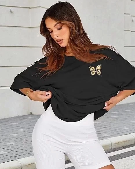 Kadın Bisiklet Yaka Baskılı T-shirt - Siyah - 1