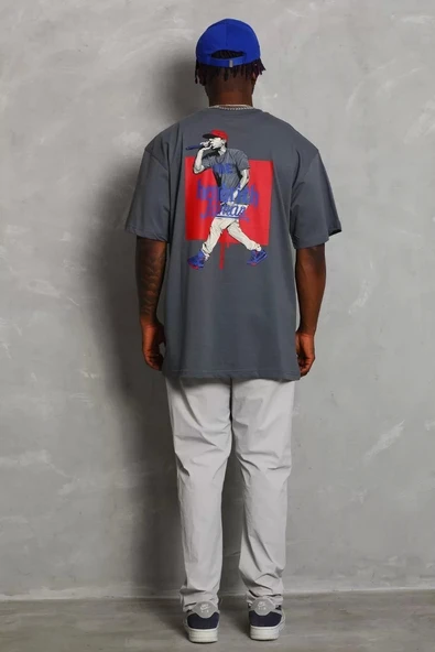 Unisex Oversize Baskılı Bisiklet Yaka T-Shirt - Füme - Resim 2