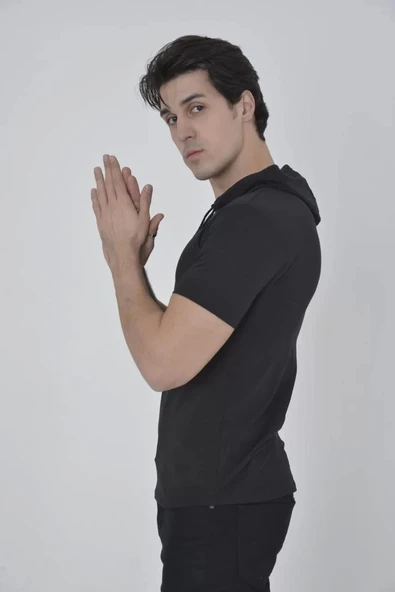 Erkek Kapşonlu Slim Fit T-shirt - Siyah - Resim 2