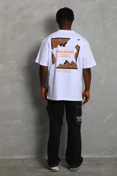 Unisex Oversize Baskılı Bisiklet Yaka T-Shirt - Beyaz ürün görseli