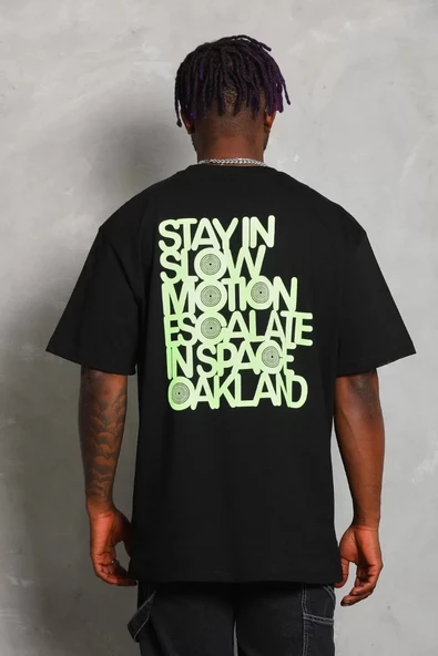 Unisex Oversize Baskılı Bisiklet Yaka T-Shirt - Siyah - Resim 4