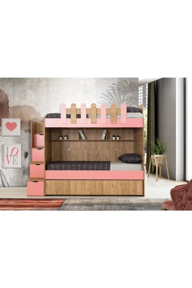 Güven Mobilya  90*190 Okyanus 3 Yataklı Ceviz / Pembe Kiwi Ranza - 3