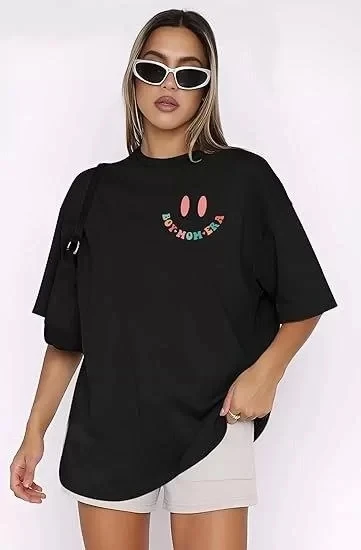 Kadın Bisiklet Yaka Kısa Kol Baskılı T-shirt - Siyah - Resim 4