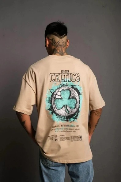 Erkek Sırt Baskılı T-shirt - Bej - Resim 3