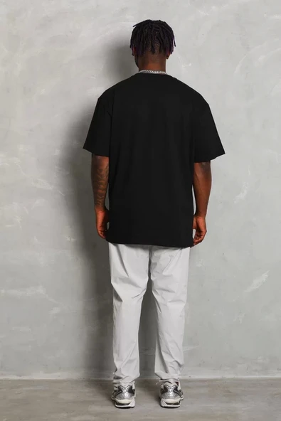 Unisex Oversize Düz Bisiklet Yaka T-Shirt - Siyah - 2