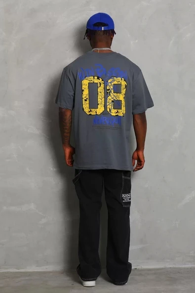 Unisex Oversize Baskılı Bisiklet Yaka T-Shirt - Füme - Resim 3