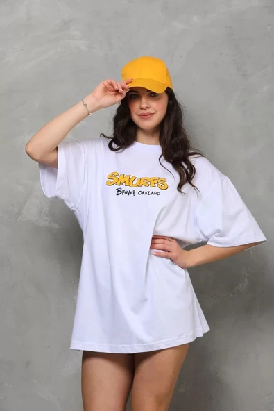 Unisex Bisiklet Yaka Baskılı Oversize T-Shirt - Beyaz - Resim 2