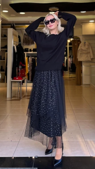 TÜL VE TAŞ DETAYLI ETEK - Resim 3