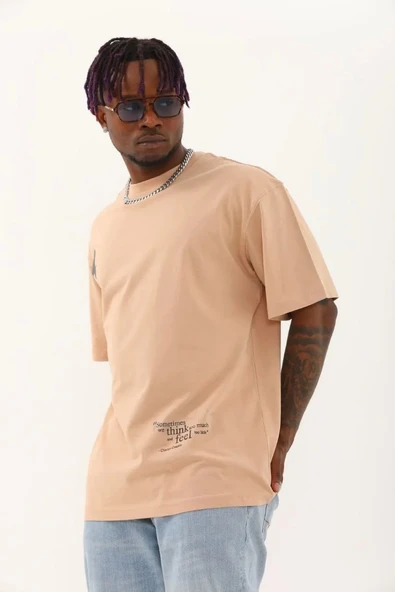 Unisex Oversize Baskılı Bisiklet Yaka T-Shirt - Bej ürün görseli