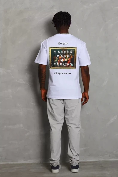 Unisex Oversize Baskılı Bisiklet Yaka T-Shirt - Beyaz - 4