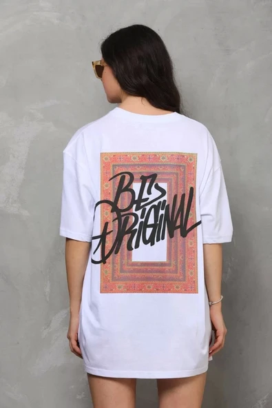 Unisex Bisiklet Yaka Baskılı Oversize T-Shirt - Beyaz - 5