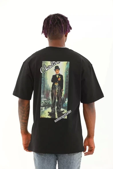 Unisex Oversize Baskılı Bisiklet Yaka T-Shirt - Siyah - Resim 5