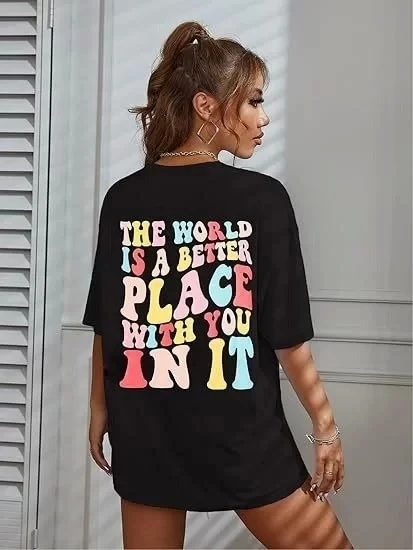Kadın Bisiklet Yaka Baskılı T-shirt - Siyah - 2