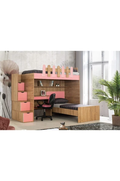 Güven Mobilya  90*90 Okyanus Ceviz / Pembe Karyola Çalışma Masa Kiwi Ranza