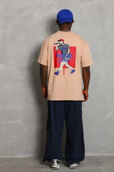 Unisex Oversize Baskılı Bisiklet Yaka T-Shirt - Bej - 3