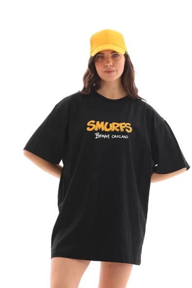 Unisex Bisiklet Yaka Baskılı Oversize T-Shirt - Siyah - Resim 5