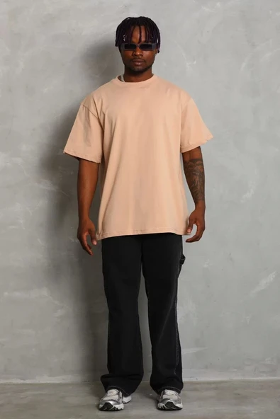 Unisex Oversize Düz Bisiklet Yaka T-Shirt - Bej ürün görseli