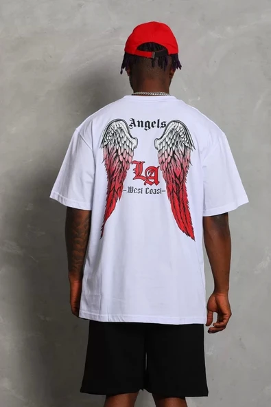 Unisex Oversize Baskılı Bisiklet Yaka T-Shirt - Beyaz - Resim 5