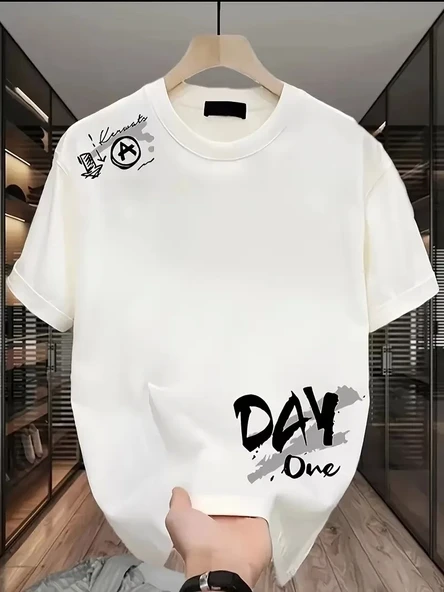 Day One Baskılı Oversize Bisiklet Yaka T-shirt - Beyaz - 1